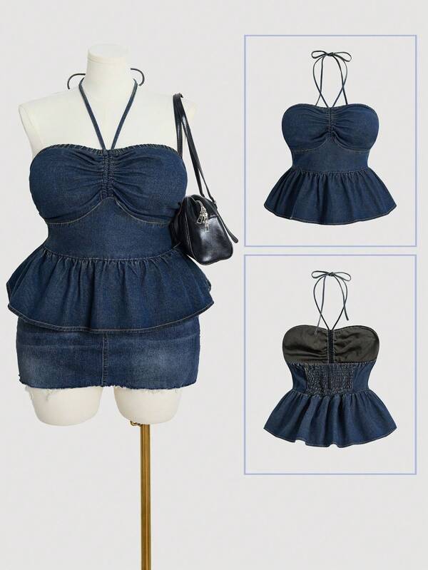 Sweetra Plus Size Women Casual Streetwear Loose Denim Blouse, Dark Blue