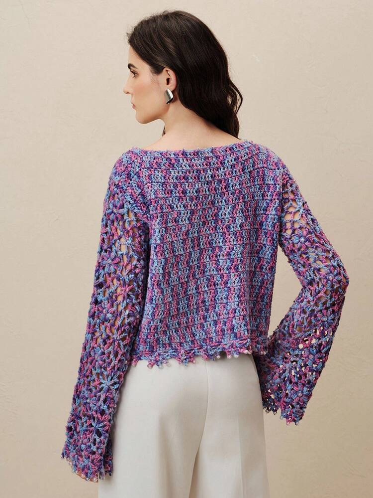 Women's Vintage Beaded Purple Ombre Crochet Floral Design Knit Top, Suitable For Concerts