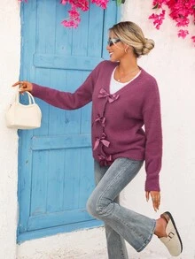 Vivid Eden Suéter de Manga Longa com Laço Decorativo em Cor Sólida para Mulheres, Cardigã Roxo, Cardigã Felpudo, Suéter Roxo, Cardigã Feminino, Cardigã com Laço, Casual para Mulheres, Cardigã com Nó em Laço, Cardigã para Mulheres no Outono e Inverno - Rosa chiclete - Visão 6