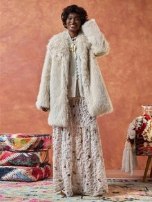 EURMUSE Women's Solid Color Lapel Long Sleeve Loose Faux Fur Jacket - Beige - View 3
