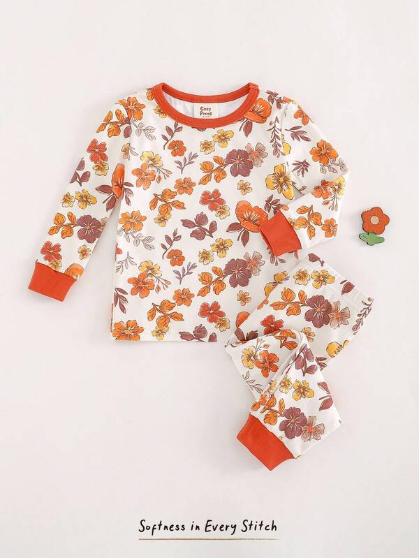 Cozy Pixies Conjunto de pijama de 2 piezas con top de manga larga de cuello redondo suave de punto con estampado floral diminuto y leggings de cintura elástica para bebé niña