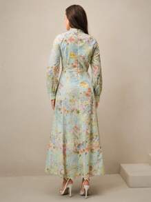 Anewsta New Elegant Floral Embroidered Contrast Lace Trim Long Sleeve Waist Cinched Maxi Dress, Suitable For Spring, Vacation, Beach, Casual - Multicolor - View 2