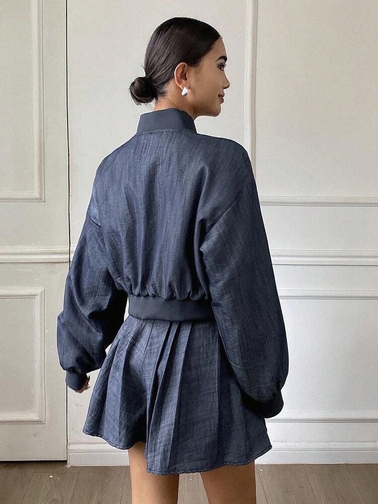 2pcs Women Casual Solid Color Loose Long Sleeve Jacket Coat And Pleated Skirt Set, Suitable For School, Holiday, Autumn/Winter