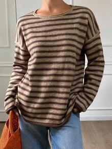 DAZY Women's Loose Striped Crew Neck Long Sleeve Casual Sweater, Spring/Autumn,Fall Women Clothes - Brown - View 6