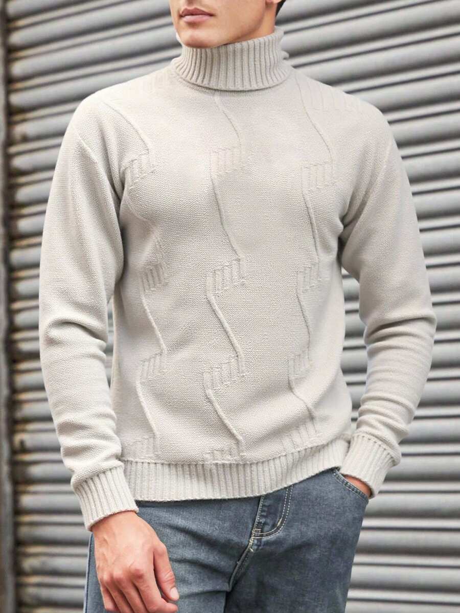 RueChic Áo len dệt kim cổ cao thường ngày cho nam - trắng - Xem 1