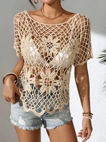 Swim Lushoire 女士手工钩编短袖沙滩罩衫 - 杏色 - 查看 5