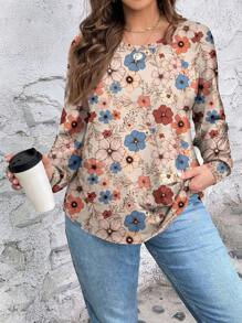 EMERY ROSE 大码女式休闲全身复古花卉印花宽松插肩袖圆领 T 恤