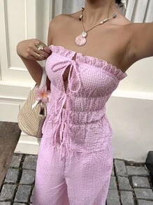 SHEIN PETITE Women's Short Set Plaid Tube Top & Wide Leg Pants, Loose Fit, Tie Design, Casual Vacation 2 Pieces Outfit - Pink - View 4