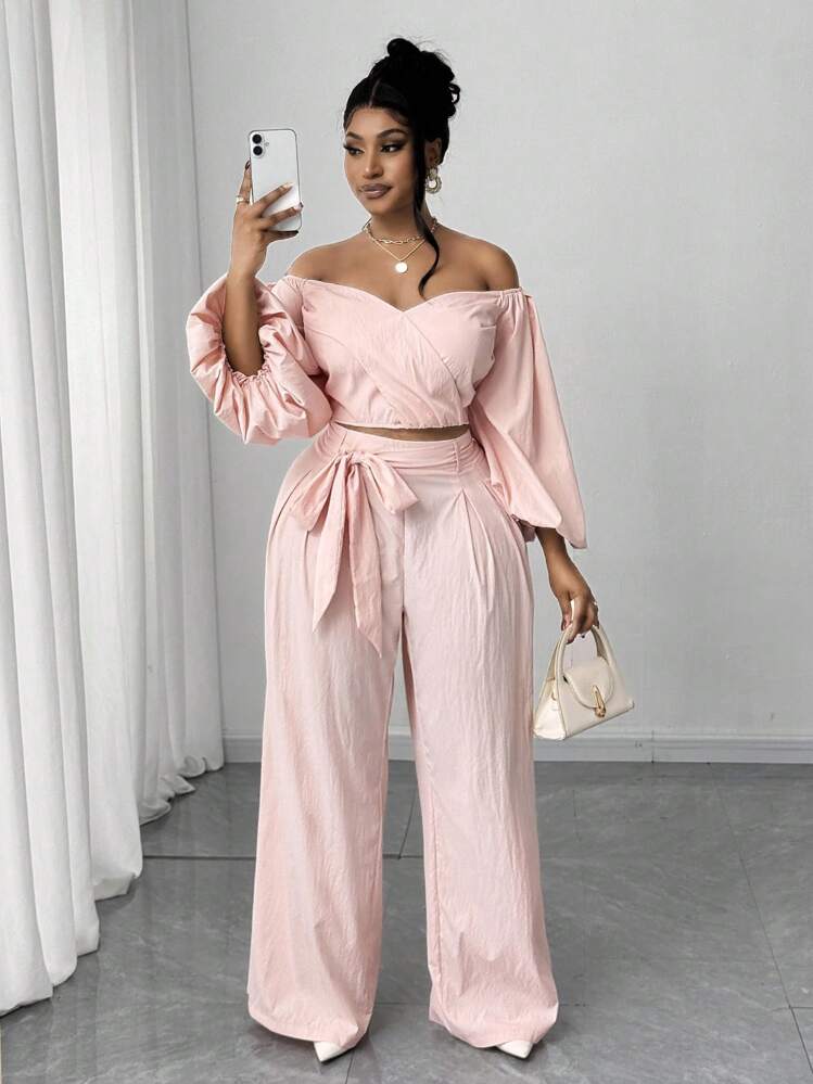 Maweii Set de 2 piezas de manga abullonada con lazo casual para tallas grandes - Rosa Pálido - Añade 5