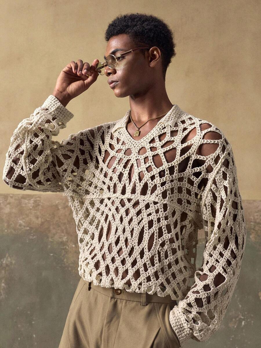 AKNOTIC Business Casual 男士钩针编织花卉图案休闲宽松长袖针织上衣，适合夏季、秋季、度假、日常穿着、派对、情侣装，男士礼物 - 彩色 - 查看 1