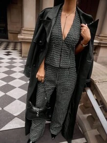 Lavishia Black & White Plaid Tweed V-Neck Sleeveless Buttoned Crop Top + Fitted Straight Leg Pants Women's 2 Pieces Set, Suitable For Early Autumn Commuting - Black - View 5