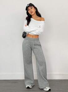 SHEIN PETITE Comfortable And Casual Plain Knitted Low Waist Wide Leg Women's Sports Pants With Fleece For Warmth In Autumn And Winter Winter Sweatpants Wide Leg Sweatpants Fleece Sweatpants Flare Sweatpants Sweatpants For Women - Grey - View 6