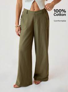 SHEIN Tall 100% 水洗纯棉低腰直筒裤 - 軍綠色 - 查看 5