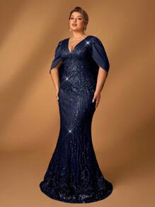 Serin Đầm dạ hội voan đính cườm sang trọng cổ chữ V thanh lịch lãng mạn cỡ lớn cho mẹ - Màu xanh hải quân - Xem 4