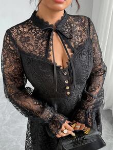 Elenzga Đầm dự tiệc dài tay ren thanh lịch cỡ lớn dành cho nữ - màu đen - Xem 8