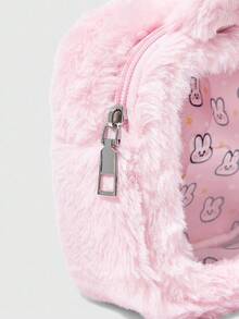 ROMWE Kawaii 粉色女士可爱毛绒刺绣兔子印花便携方形化妆包 - 粉色 - 查看 5