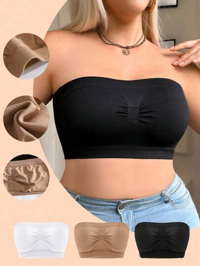 SHEIN Set de 3 bralettes sin costuras, sin forro, con pliegues, de unicolor y estilo minimalista cómodo y casual para mujeres