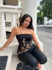 NegzBox Y2k Summer Women Going Out Vintage Boho Fashion Vacation Glitter Embroidered Sparkly Sequin Black Asymmetric Hem Embroidered Bandeau Top, Fashion - Black - View 4