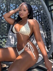 Alexandranx Bộ bikini buộc dây phía trước họa tiết chấm bi Springbreak dành cho nữ, họa tiết ngẫu nhiên - Màu vàng - Xem 5