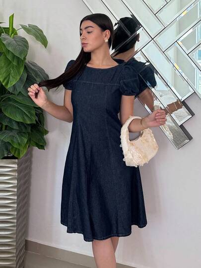 Andrea Bello Women's Solid Color Round Neck Waisted Puff Sleeve A-Line Short Denim Dress Summer