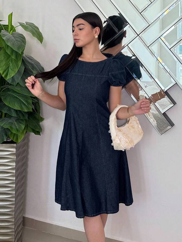 Andrea Bello Women's Solid Color Round Neck Waisted Puff Sleeve A-Line Short Denim Dress Summer
