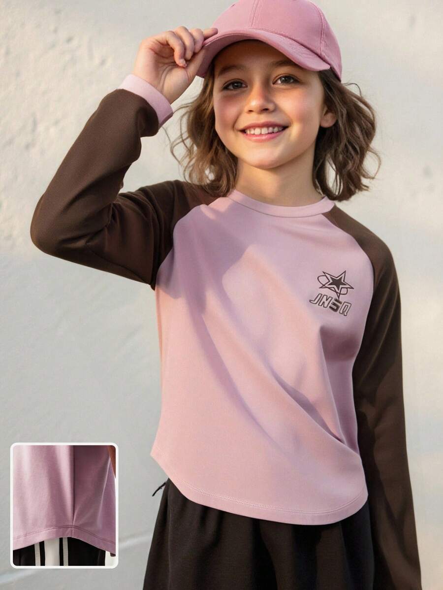 JNSQ Back To School Clothes, Tween Girl Clothes, Casual Sports Long Sleeve T-Shirt For Girls In Autumn, Children Round Neck Casual Fun Letter Combination Print Patchwork Contrast Color Long Sleeve T-Shirt, Suitable For Autumn, Winter Daily Wear, Outdoor Activities, Vacation, Street Style, Party And Leisure - Multicolor - View 1