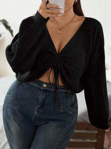 Vionelle Áo len cổ trễ có dây rút phía trước, thích hợp cho mùa đông và mùa thu. - màu đen - Xem 4
