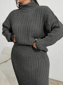 EURMUSE Cable Knit Turtleneck Sweater And Skirt Two Pieces Set - Dark Grey - View 6