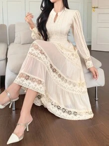 DAZY Women's Elegant Lace Round Neck Puff Sleeve Mid-Length Dress, Autumn,Fall Women Clothes Maxi Dress - Apricot - View 9