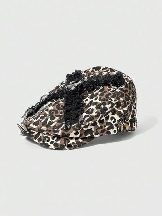 Grunge Punk 1pc Y2K Punk Style Lady's Metal Spider Cross Rivet Decor, Sexy Leopard Print & Lace Patchwork Beret Hat, Suitable For Travel, Shopping And Etc.