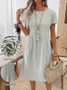 EMERY ROSE Váy cổ tròn sọc thường ngày mùa hè cho nữ Váy thường ngày mùa hè Váy ngắn tay mùa hè Váy sọc mùa hè Váy mùa hè cho nữ - màu xanh lá - Xem 11