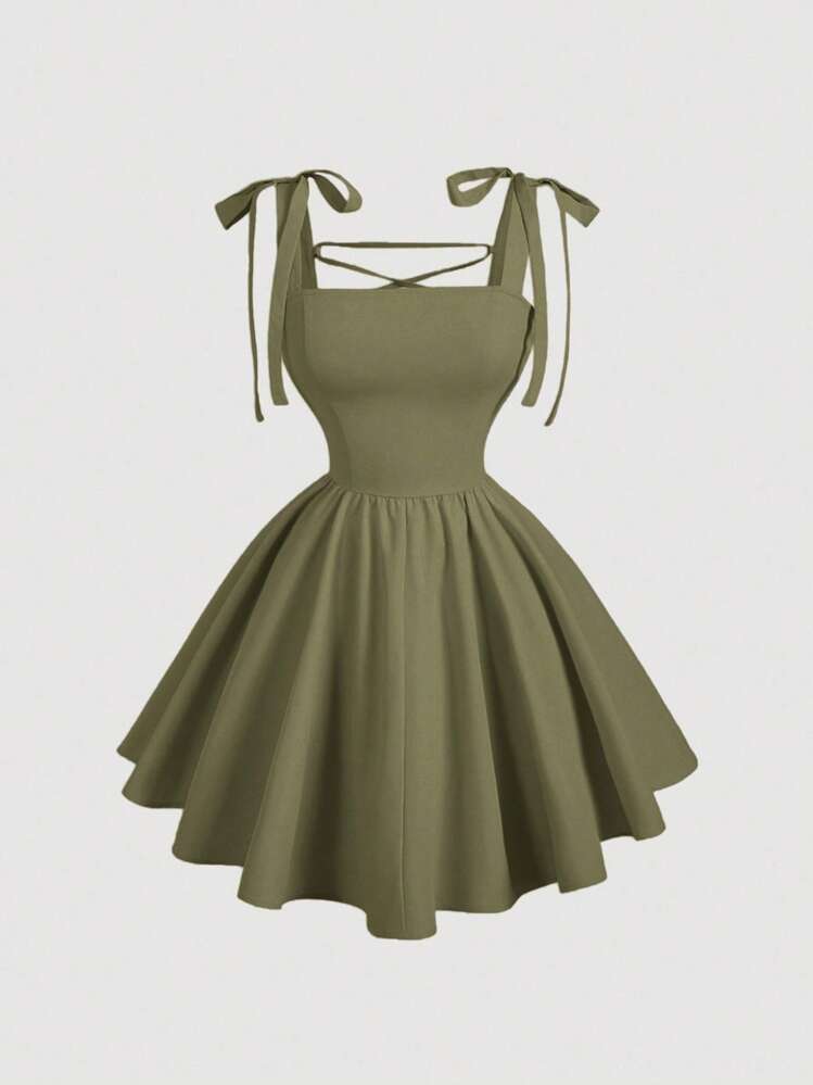 SHEIN MOD Olive Green Romantic Backless Bowknot Dress, Suitable For Dates, Parties, Holidays, Tea Parties, Birthday Occasions - Army Green - View 1