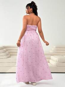 Solflare Plus Size Women Strapless Bowknot Striped Ruched Dress, Pink,Summer Outfits For Women - Pink - View 2