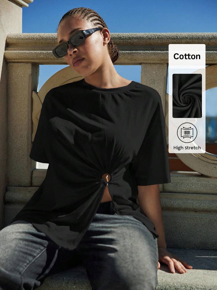 SHEIN Maija Plus Size Women's Solid Black Cotton Crew Neck Short Sleeve T-Shirt With Metal Ring Waist Pleated Design, Basic Top For Summer, Streetwear Business Casual St Patrick's Day Women Easter Summer Easter Women Party Top Beach Summer Holiday Each Vacation For Women