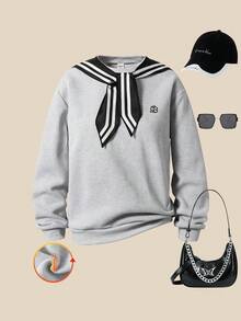 SHEIN Explorewe 2pcs Set Teen Girls Loose Fit Casual Solid Color Long Sleeve Sweatshirt With Striped Shawl, Black And White, Autumn, Graduation, Back-To-School Wear - Grey - View 1