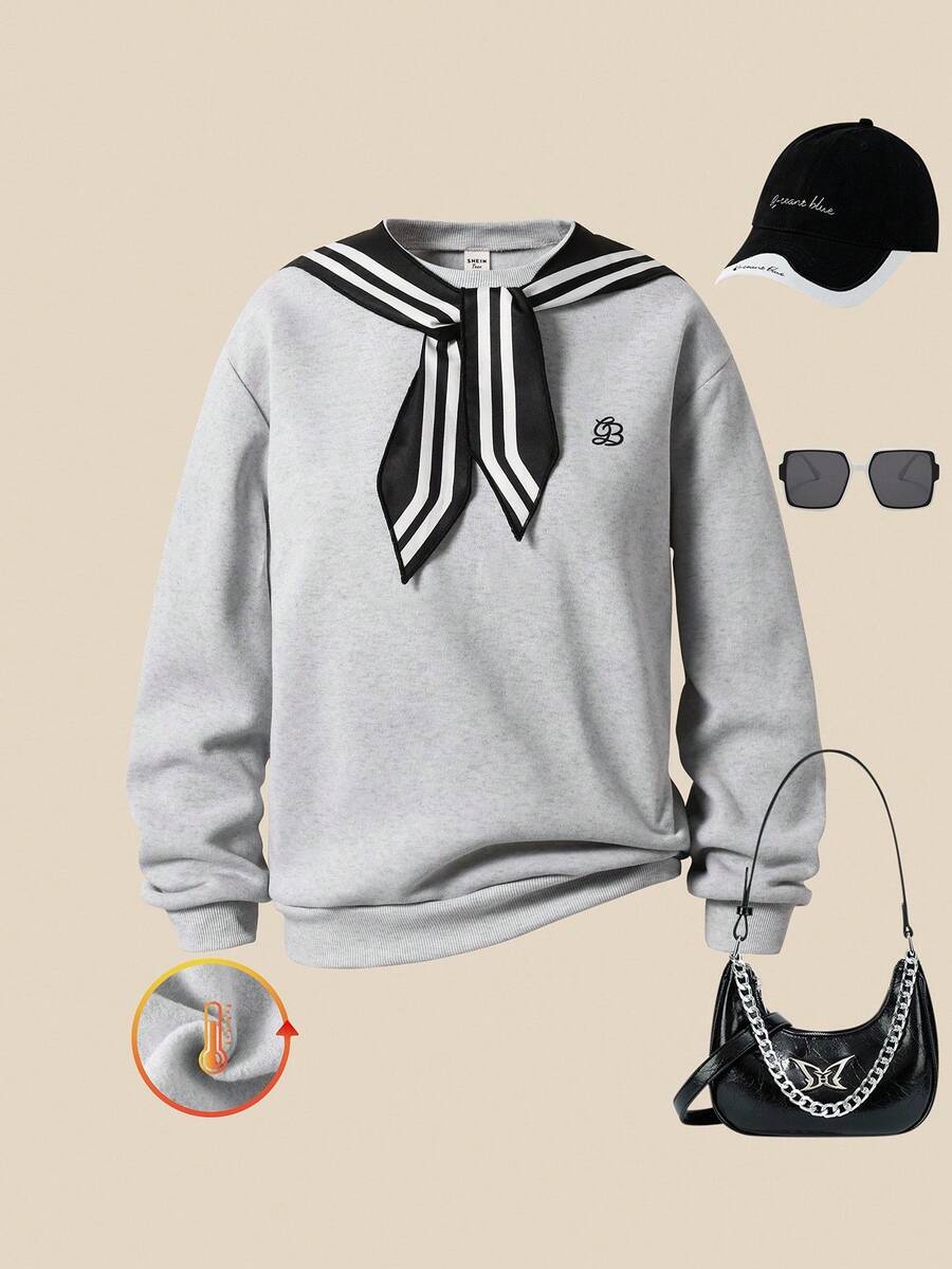 SHEIN Explorewe 2pcs Set Teen Girls Loose Fit Casual Solid Color Long Sleeve Sweatshirt With Striped Shawl, Black And White, Autumn, Graduation, Back-To-School Wear - Grey - View 1