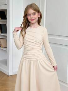 SHEIN 青少年女孩纯米色褶皱长袖长裙，休闲日常秋冬秋季优雅连衣裙 - 杏色 - 查看 8