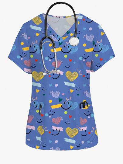 PopScrub Cute Colorful Heart & Face Print V-Neck Short Sleeve Pocket Nurse Scrub Uniform Top, Scrubs
