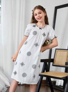 Tween Girls Short Sleeve Dress "Snow Flower Shadow" Princess Sleeve Embroidered Dress Girls Nightgown - Black and White - View 4