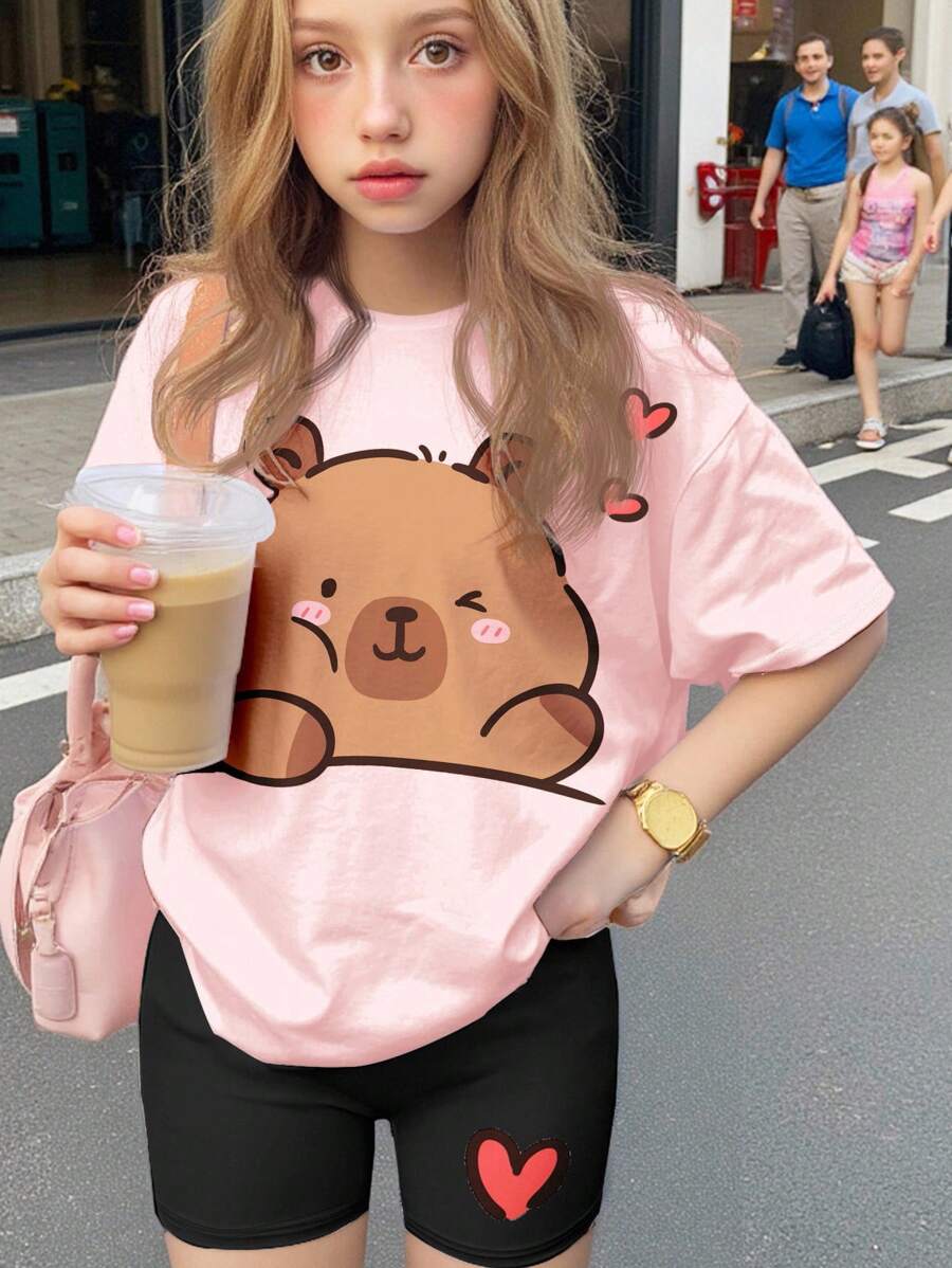 SHEIN 2 件套青少年女孩休闲简约短袖 T 恤和短裤套装,夏季 - 彩色 - 查看 1