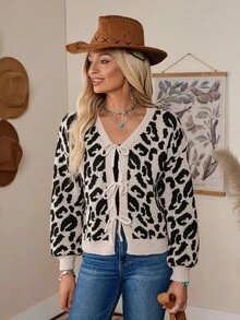 LanaWest Women's Casual V-Neck Leopard Print Contrast Color Bow Lantern Sleeve Cardigan Sweater, Autumn/Winter - Khaki - View 6