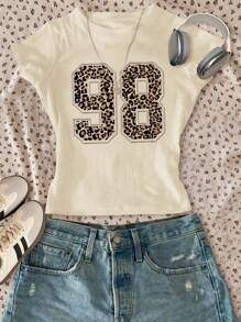SHEIN Leap Crew 复古街头运动豹纹 98 号图案，青少年女孩修身休闲简约舒适圆领修身长袖 T 恤，适合夏季 - 彩色 - 查看 3