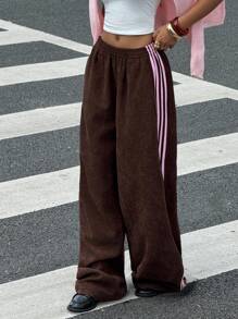 Muchica Brown Pants Women's Casual Colorblock Striped Wide Leg Pants Y2k