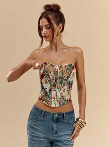 SHEIN BAE Sexy, Elegant, Romantic Tube Top With Textured Floral Pattern For Fall/Winter, Date Night, Lace Corset, Corset Tops, Going Out Tops For Women, Party Tops, Elegant Tops, Wedding Guest Tops, Halloween Clothes For Women, Fall/Winter Inner Wear, Bonitas De Mujer