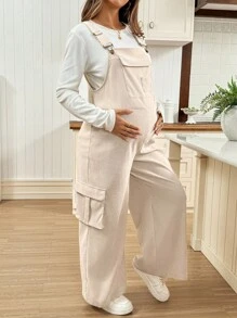 SHEIN 孕妇纯色口袋休闲百搭无袖连体裤 - 杏色 - 查看 4