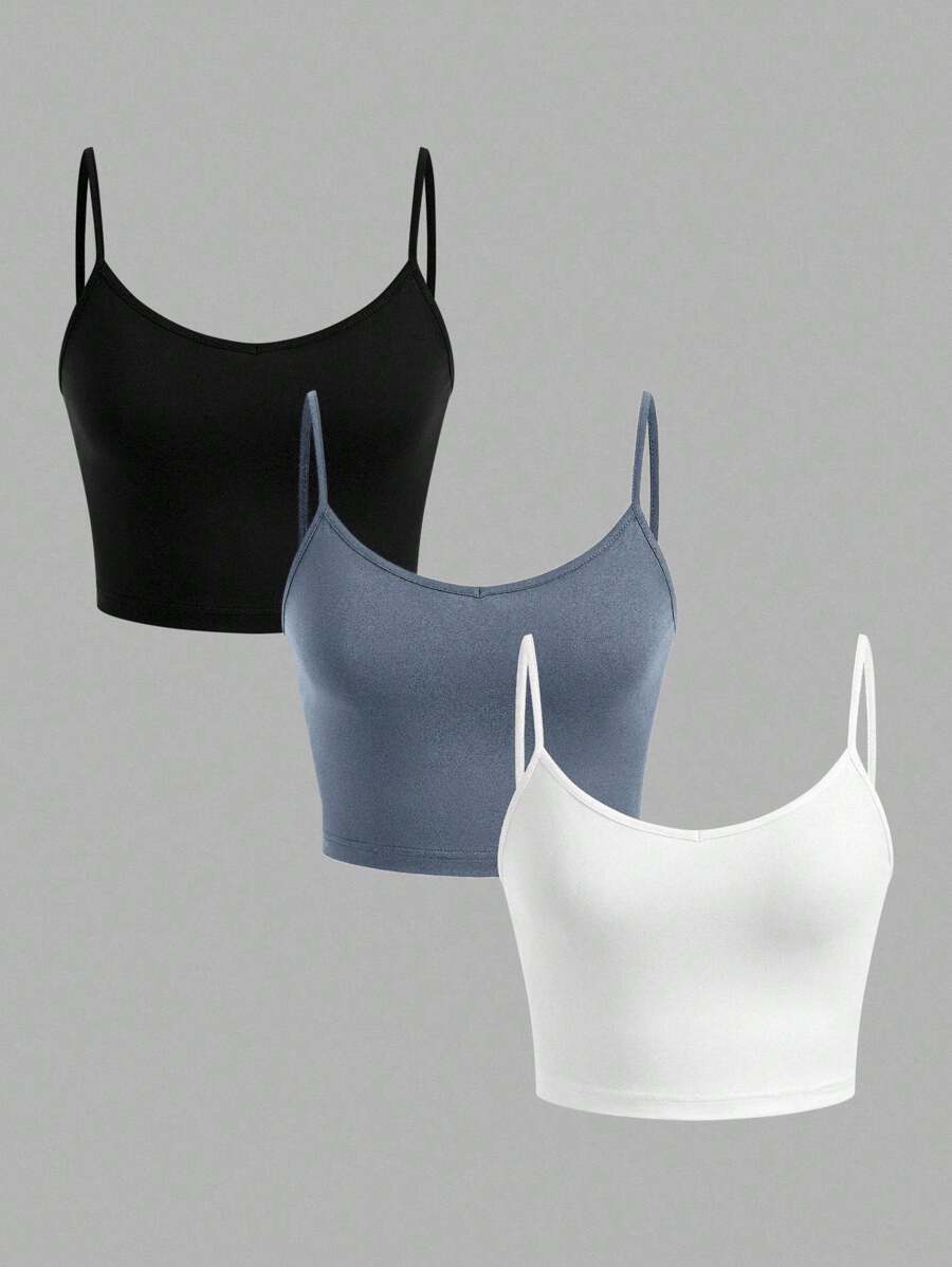 SHEIN EZwear 3件裝黑色藍色白色女款修身短版休閒背心,適合夏季 - 彩色 - 查看 1