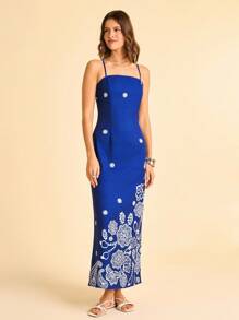 CAJUNI 度假休闲夏季热带花卉复古印花细肩带连衣裙 - 彩色 - 查看 3