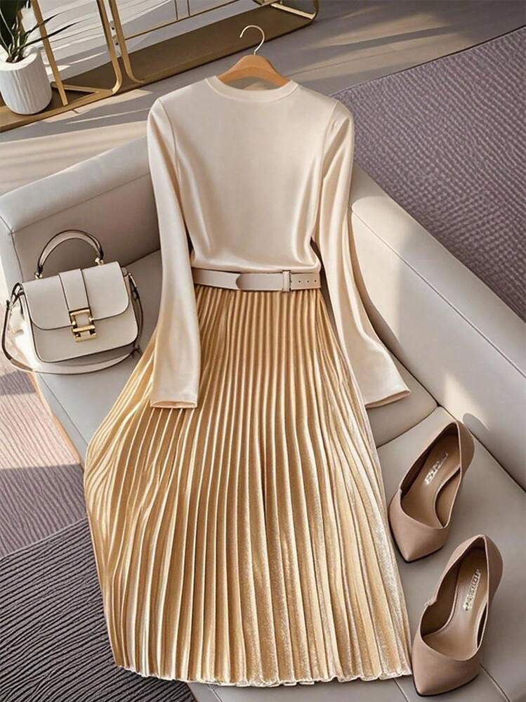 Franclia 女士丝绒修身打底衫搭配可调节皮带装饰丝绒褶皱A字裙，适合大学秋季穿着。这款秋装优雅时尚，休闲百搭，适合通勤、商务办公、日常休闲、气质都市、教师等各种场合。 - 卡其色 - 查看 2