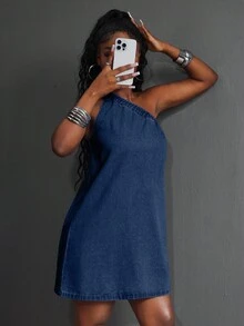 Slaydiva Váy denim thanh lịch giản dị dành cho nữ - Rửa tối - Xem 3