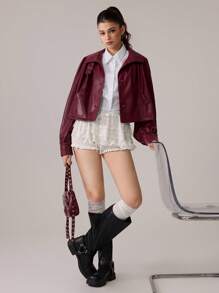 SHEIN MOD 女士时尚休闲 PU 皮革前扣立领夹克 - 酒紅色 - 查看 5